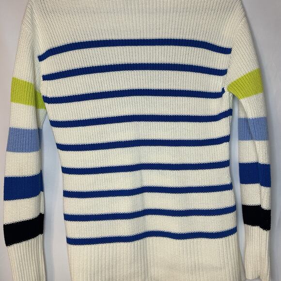 T By Talbots Womens Sweater Size MP Ivory Blue Green Stripes Thumb Hole Side Zip - Picture 10 of 13